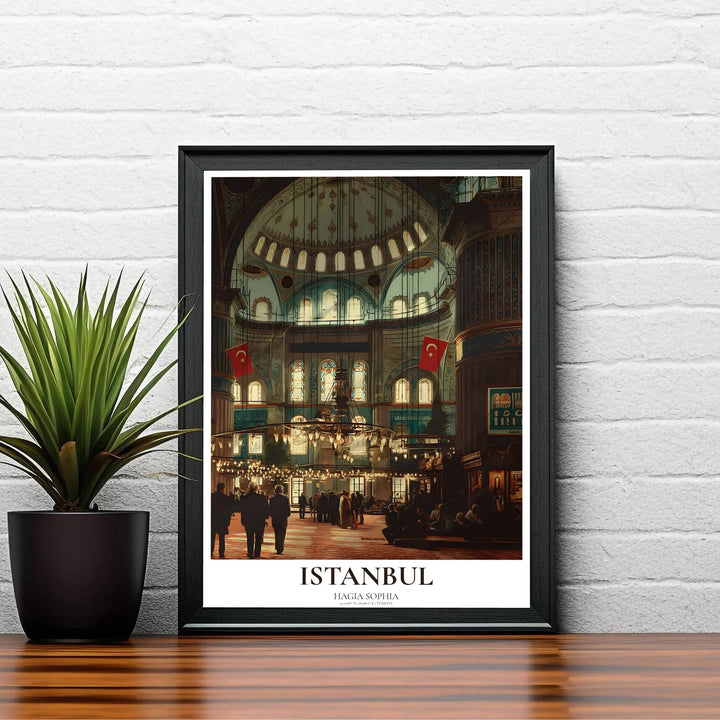Elegant Istanbul travel poster showing Hagia Sophia interior architecture bathed in soft sunbeams and chandelier light. Created by MapYourDreams, this artwork is available in flexible options including unframed paper, custom wooden frames, and gallery canvas wraps for bedroom wall art.