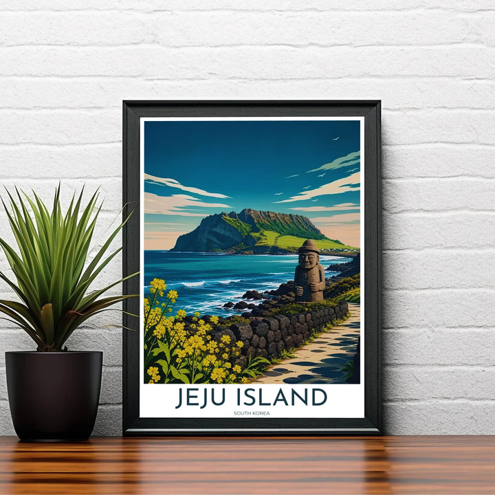 Retro-inspired travel poster of Jeju Island, South Korea, depicting the iconic Dol Hareubang stone guardian next to bright yellow rape blossoms overlooking blue ocean waters. Offered by MapYourDreams, this artwork is available in flexible options including unframed paper, custom wooden frames, and gallery canvas wraps.