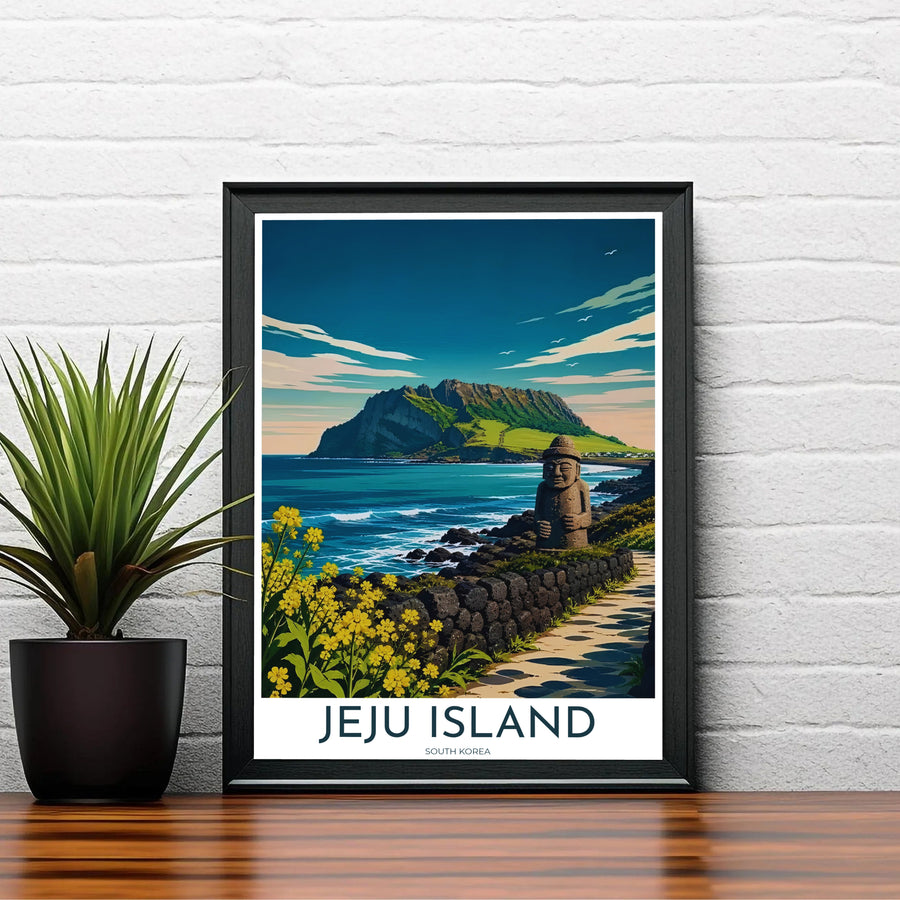 Retro-inspired travel poster of Jeju Island, South Korea, depicting the iconic Dol Hareubang stone guardian next to bright yellow rape blossoms overlooking blue ocean waters. Offered by MapYourDreams, this artwork is available in flexible options including unframed paper, custom wooden frames, and gallery canvas wraps.