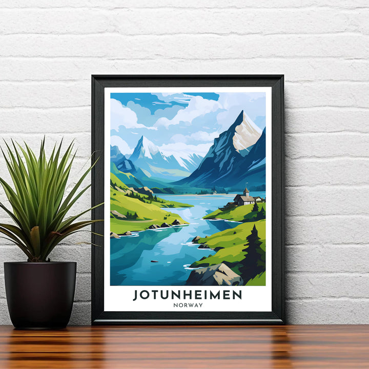 Elegant travel illustration showcasing the scenic valley paths and mountain vistas of Jotunheimen in Norway with vibrant natural color palettes. Designed to bring European adventure into home interiors, this fine print comes in versatile finishes including unframed paper prints, sleek framed wall art, and stretched canvas options.