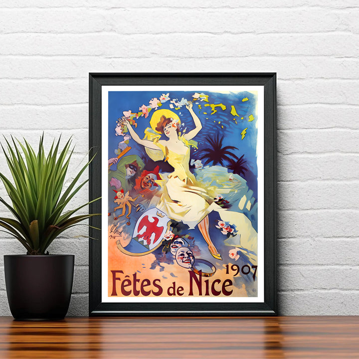 Decorative French Belle Époque poster Fêtes De Nice by artist Jules Chéret displaying Pierrot mask characters in Nice France on the French Riviera. Discover custom framed, unframed, and canvas print decor options at MapYourDreams.