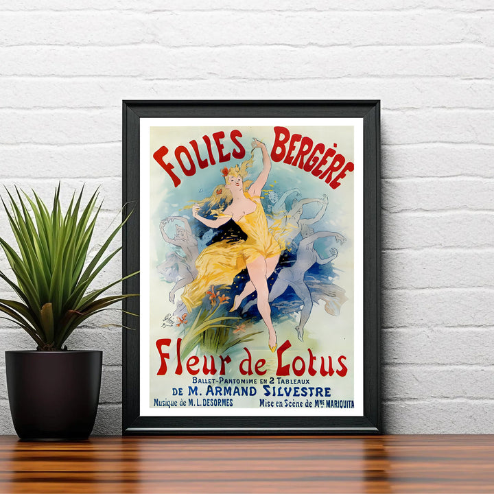 Authentic 1893 Paris theater exhibition poster Folies Bergère Fleur De Lotus by artist Jules Chéret featuring lotus flower stems in Paris France. Shop high-definition framed, unframed, and canvas art print choices at MapYourDreams.