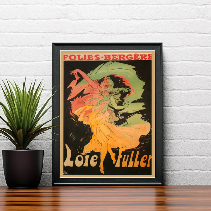 Authentic 1893 Paris theater exhibition poster Loïe Fuller Folies Bergère by artist Jules Chéret featuring golden lettering in Paris France. Shop high-definition framed, unframed, and canvas art print choices at MapYourDreams.
