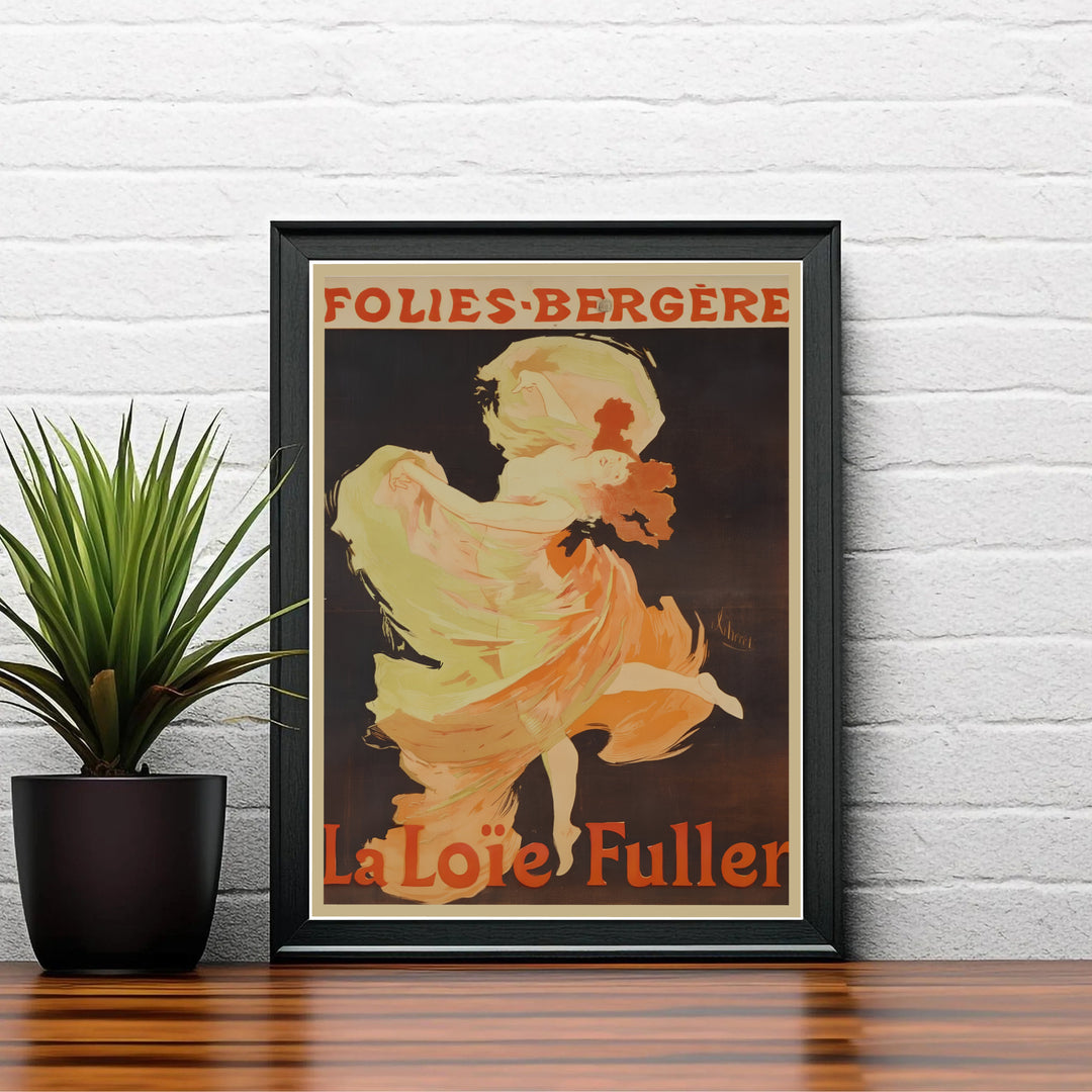 Authentic 1893 Paris theater exhibition poster La Loïe Fuller Folies Bergère by artist Jules Chéret featuring bold red lettering in Paris France. Shop high-definition framed, unframed, and canvas art print choices at MapYourDreams.