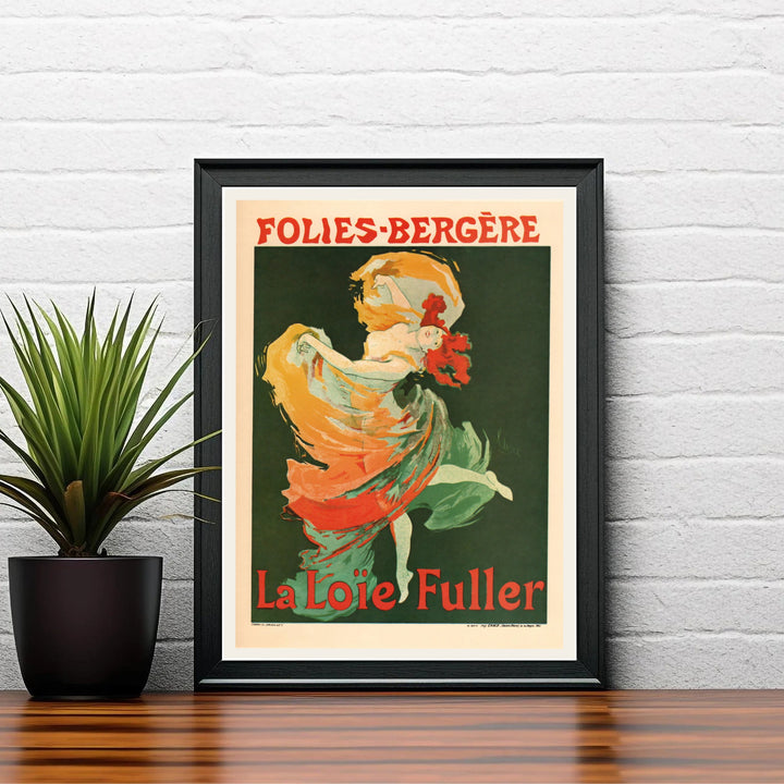 Vintage French lithograph wall art print Folies Bergère La Loïe Fuller by artist Jules Chéret created for the famous cabaret in Paris France. MapYourDreams delivers archival framed, unframed paper, and gallery canvas prints.