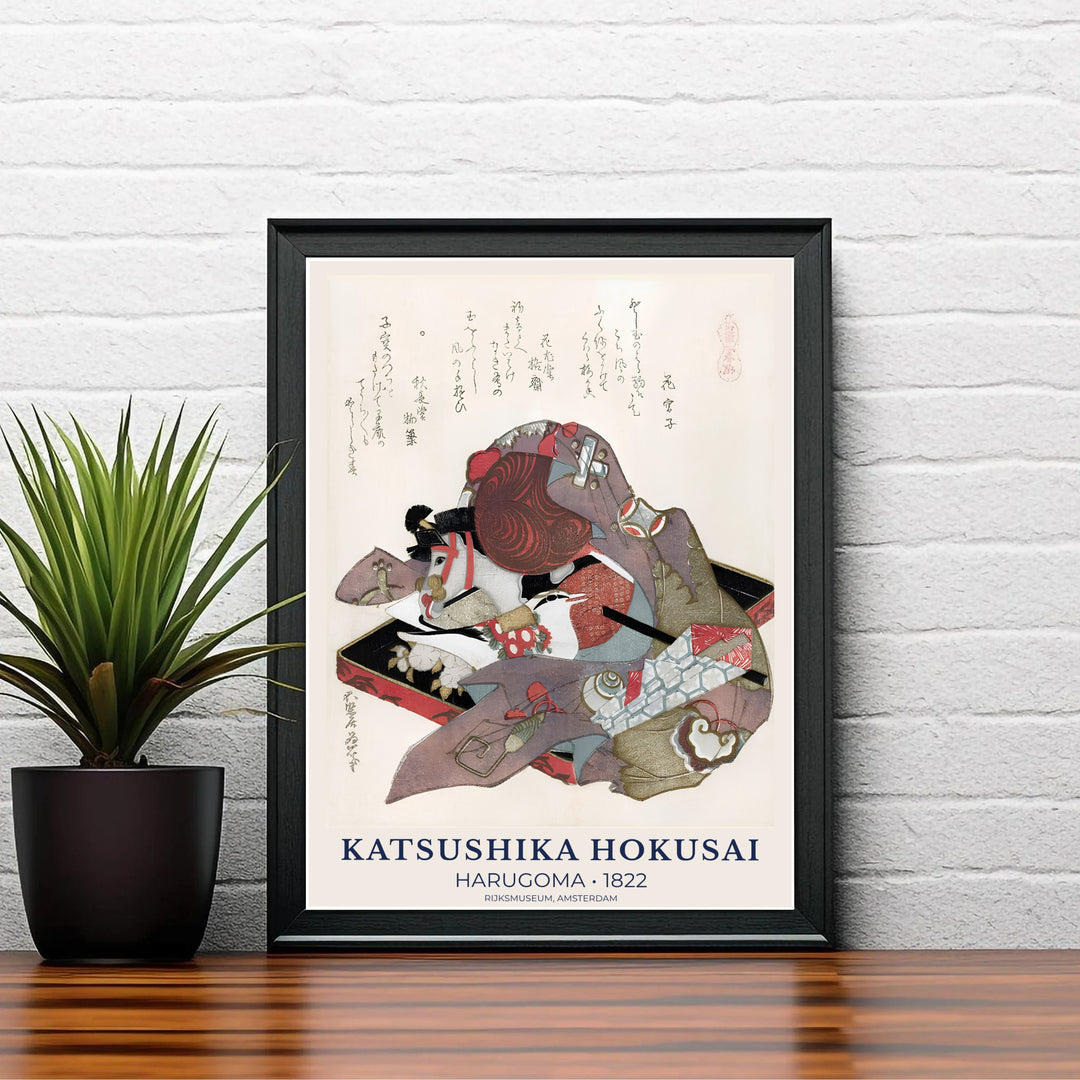 Asian cultural museum wall art by artist Katsushika Hokusai featuring the Harugoma 1822 print from the Rijksmuseum in Amsterdam. MapYourDreams delivers archival framed, unframed paper, and gallery canvas prints.