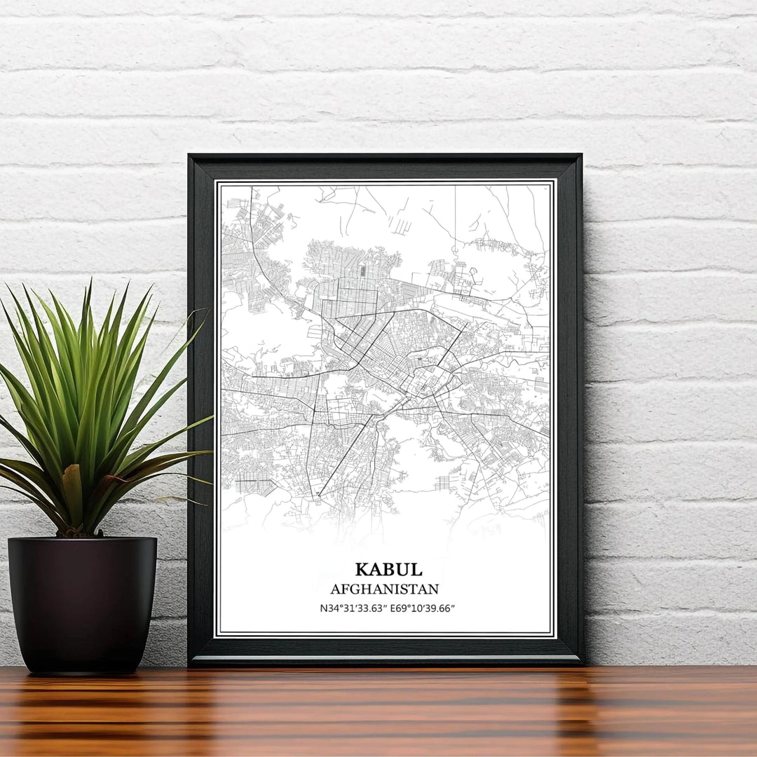 Black and white city map poster of Kabul Afghanistan displaying precise cartographic lines and location coordinates, produced by MapYourDreams with choices including unframed poster prints, canvas wall decor, or custom framed prints in white, bronze, and silver frame selections.
