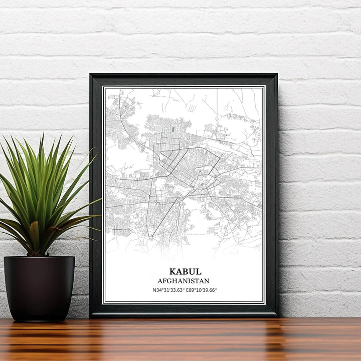 Black and white city map poster of Kabul Afghanistan displaying precise cartographic lines and location coordinates, produced by MapYourDreams with choices including unframed poster prints, canvas wall decor, or custom framed prints in white, bronze, and silver frame selections.