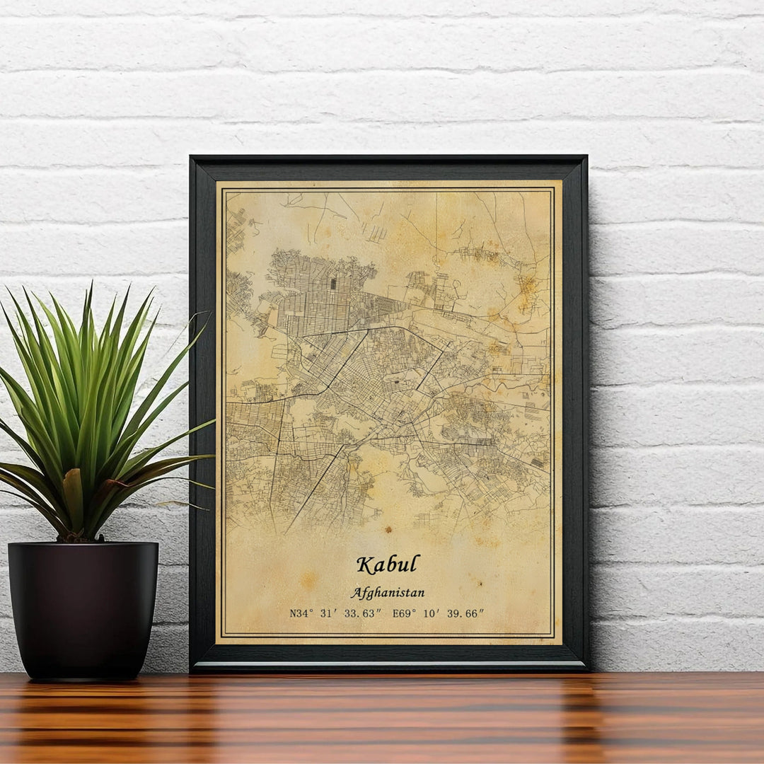 Elegant cartography poster map of Kabul Afghanistan featuring aged parchment textures and calligraphic script typography, provided by MapYourDreams as an unframed print, ready to hang gallery canvas, or custom framed art print in pure gold frames for executive desk setups and study rooms.