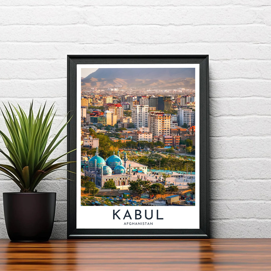 Kabul Afghanistan cityscape wall decor print featuring the iconic Sakhi Shrine Blue Mosque in warm afternoon light, created by MapYourDreams with choices including unframed prints, canvas wall art, or custom framed posters in white, bronze, and silver frame selections.