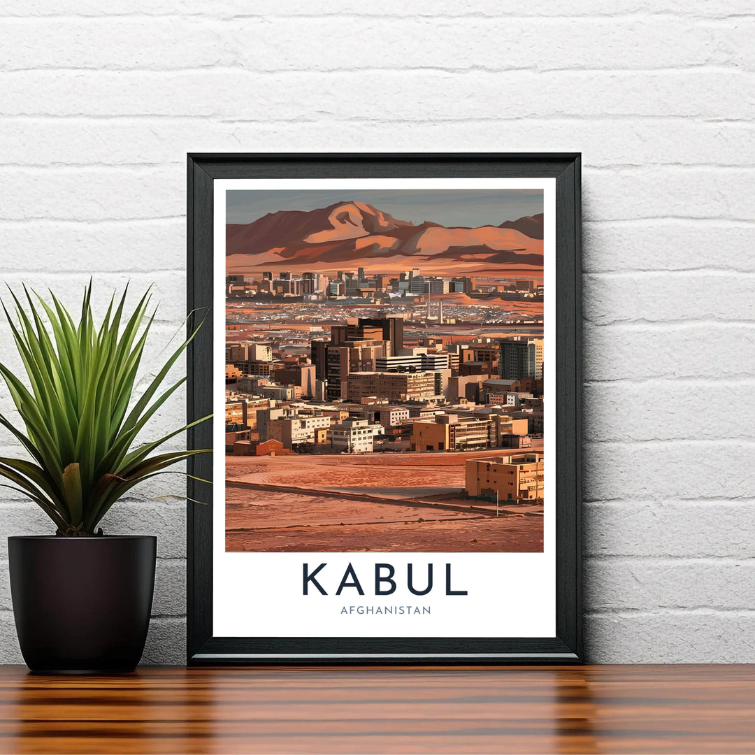 Fine art exhibition poster of Kabul Afghanistan displaying city skyline architecture and rugged hills, provided by MapYourDreams as an unframed print, stretched canvas wall art, or custom framed print in pure gold frames for executive desk setups and study rooms.