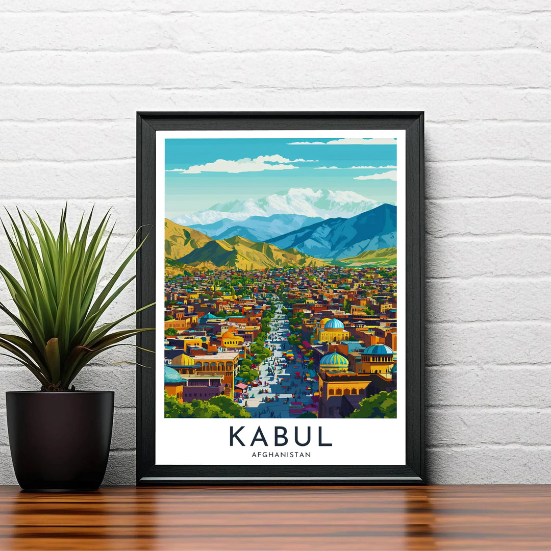 Kabul Afghanistan cityscape wall decor print featuring turquoise mosque domes and Hindu Kush mountains in warm sunlight, created by MapYourDreams with choices including unframed prints, canvas wall art, or custom framed posters in white, bronze, and silver frame selections for apartment living spaces.