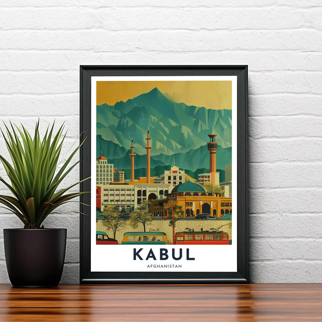 Architectural illustration poster of Kabul, Afghanistan, capturing dynamic street views, vintage vehicles, and surrounding mountain hills. Supplied by MapYourDreams as an unframed paper print, a gallery canvas print, or a custom framed wall art piece in a retro white frame for contemporary lounge interiors.
