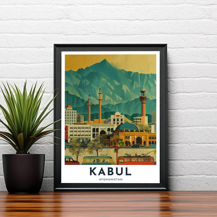 Architectural illustration poster of Kabul, Afghanistan, capturing dynamic street views, vintage vehicles, and surrounding mountain hills. Supplied by MapYourDreams as an unframed paper print, a gallery canvas print, or a custom framed wall art piece in a retro white frame for contemporary lounge interiors.