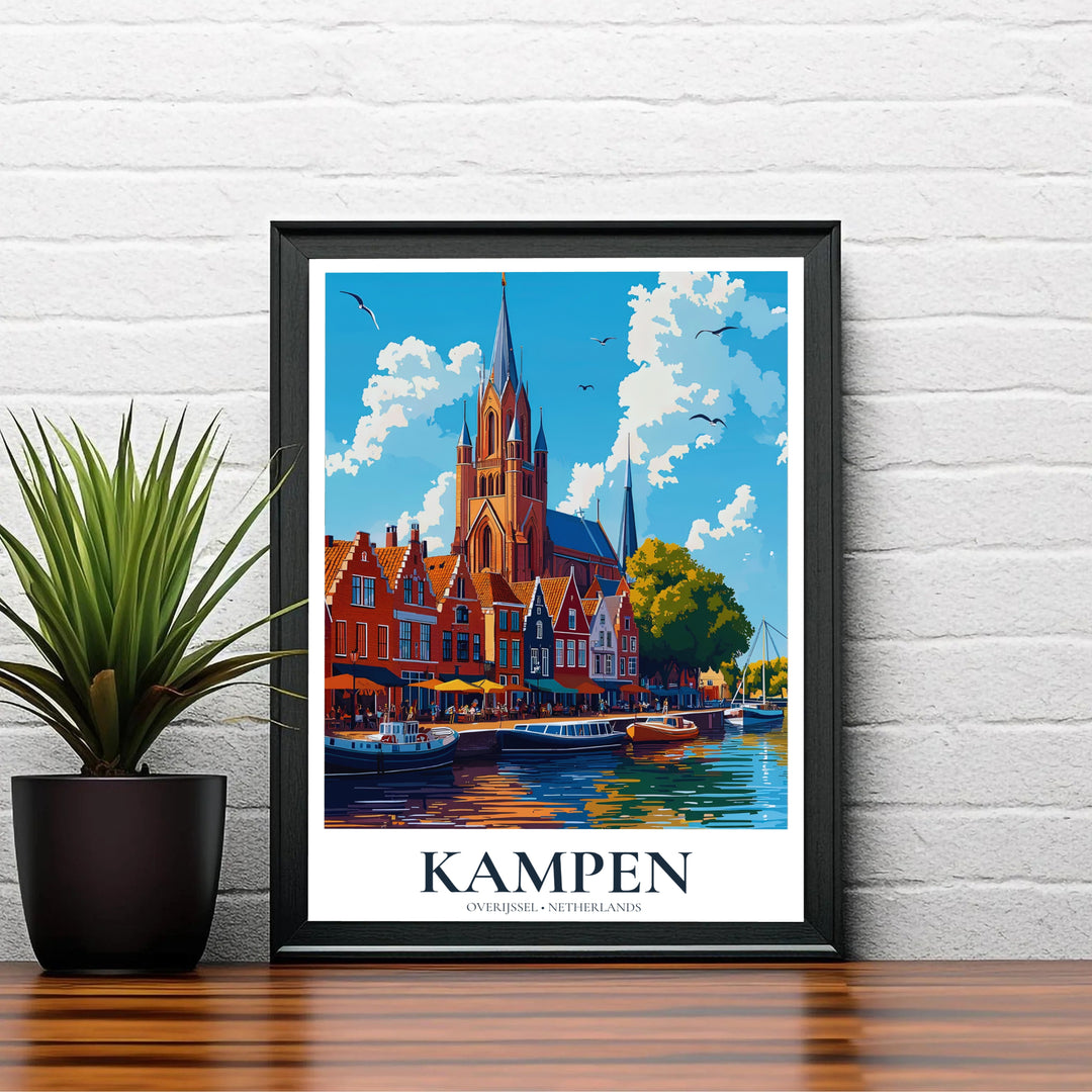 Classic European waterfront print featuring Kampen Overijssel Netherlands with canal boats docked along quay cafes, available from MapYourDreams with selections including an unframed archival poster, stretched gallery canvas, or custom framed art suited for coastal wall galleries.