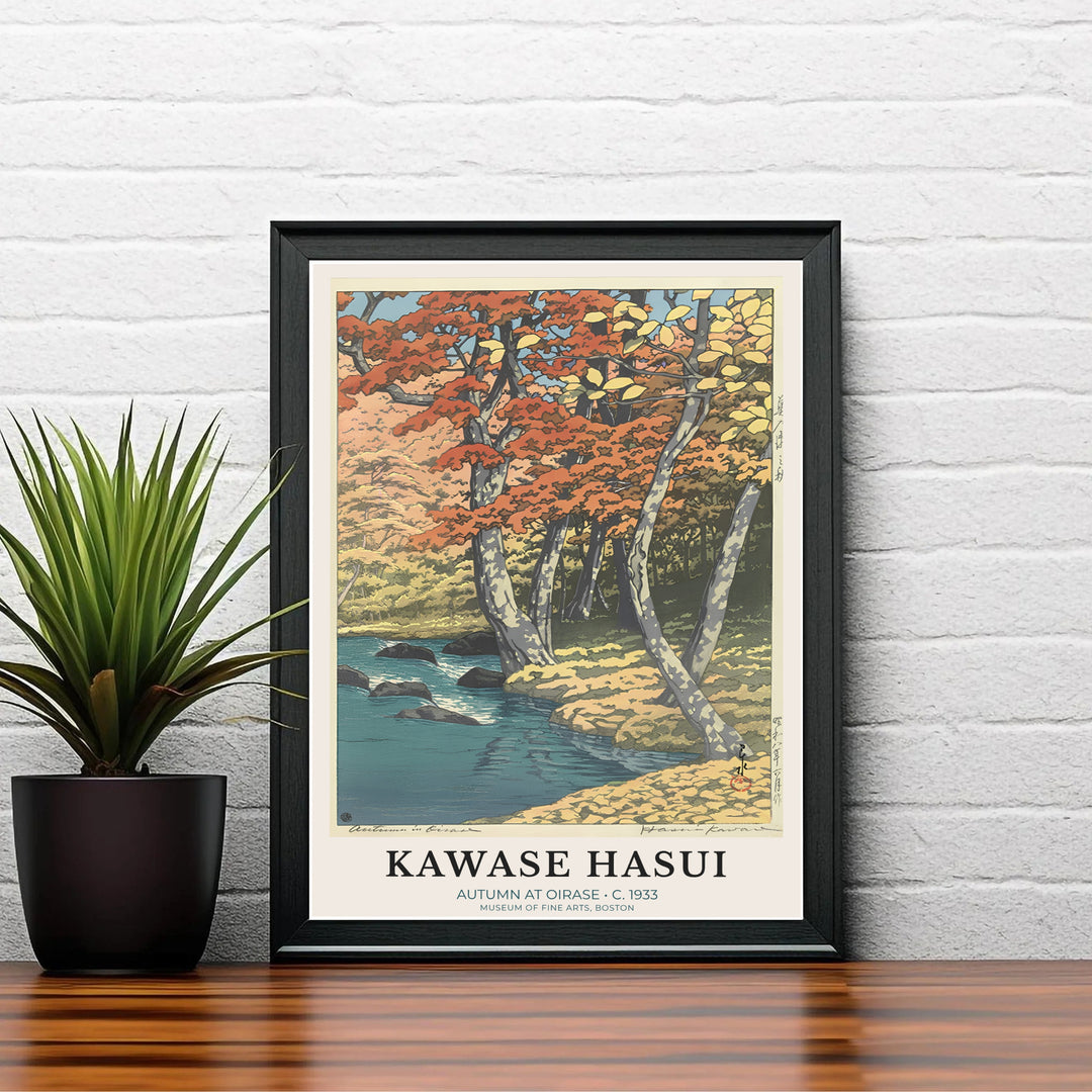 Vintage Japanese forest poster Autumn at Oirase by artist Kawase Hasui displaying calm river reflections and autumn foliage at Oirase Mountain Stream. Shop high-definition framed, unframed, and canvas art print choices at MapYourDreams.