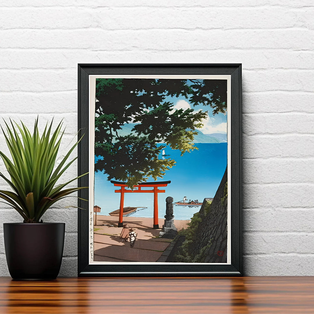 Vintage Japanese coastal poster Lake Biwa by artist Kawase Hasui displaying calm blue water reflections at Lake Biwa. Shop high-definition framed, unframed, and canvas art print choices at MapYourDreams.