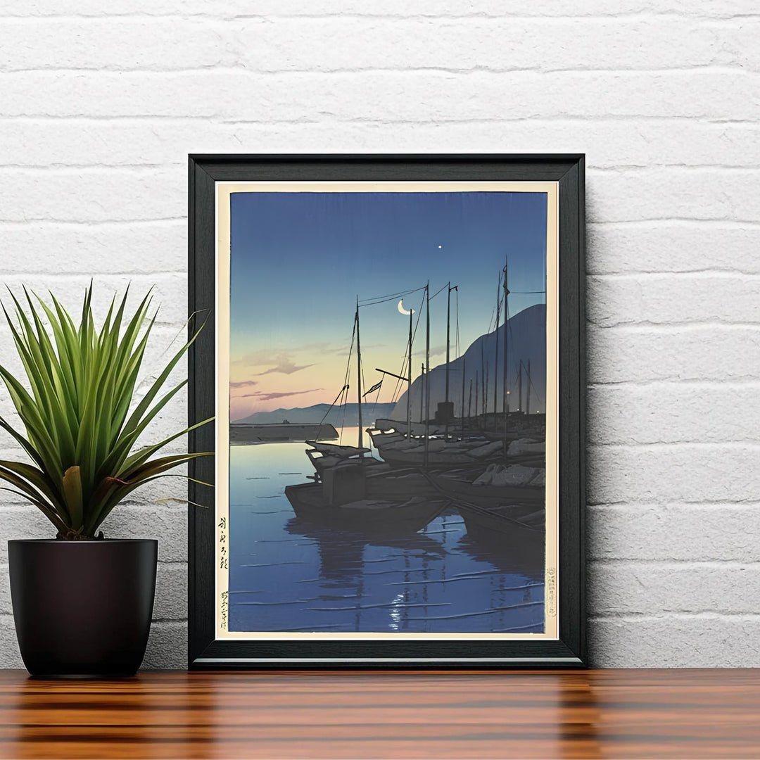 Vintage Japanese nautical poster Morning in Beppu by artist Kawase Hasui displaying calm morning water reflections at Morning in Beppu. Shop high-definition framed, unframed, and canvas art print choices at MapYourDreams.