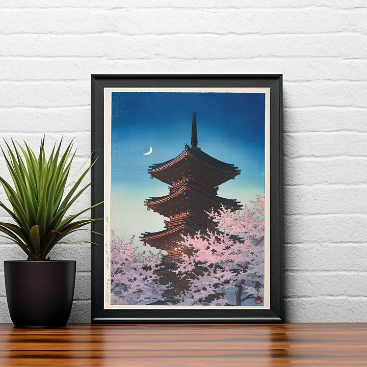 Scenic Tokyo pagoda travel wall art Spring Evening Ueno by artist Kawase Hasui highlighting 1948 landscape art at Spring Evening Ueno. MapYourDreams delivers archival framed, unframed paper, and gallery canvas prints.