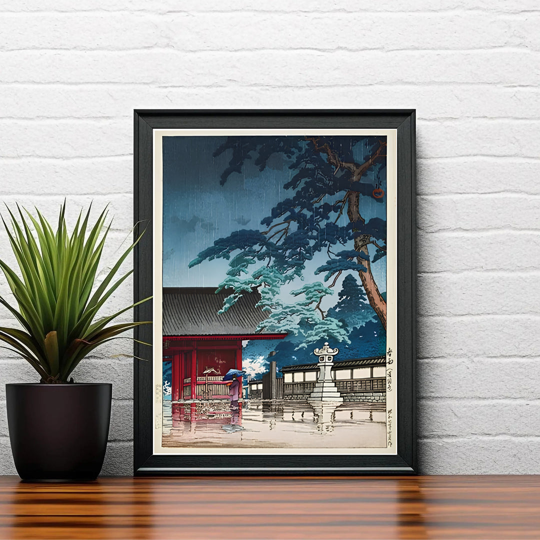 Scenic Tokyo rain travel wall art Spring Rain Gokokuji Temple by artist Kawase Hasui highlighting 1932 landscape art at Spring Rain Gokokuji Temple. MapYourDreams delivers archival framed, unframed paper, and gallery canvas prints.