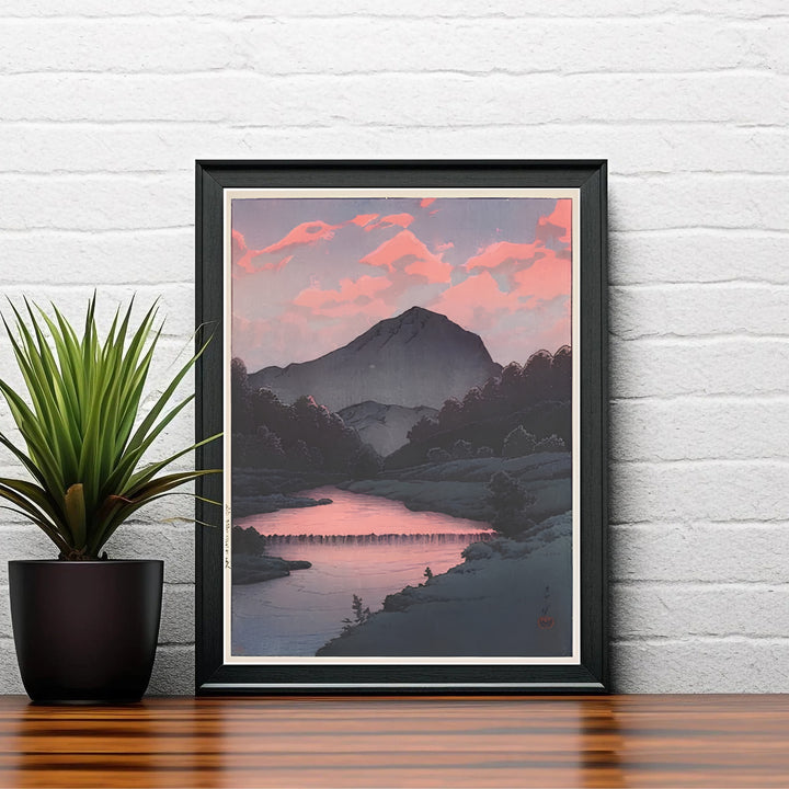 Scenic Aomori mountain travel wall art Sunset at Oirase by artist Kawase Hasui highlighting 1933 landscape art at Sunset at Oirase. MapYourDreams delivers archival framed, unframed paper, and gallery canvas prints.