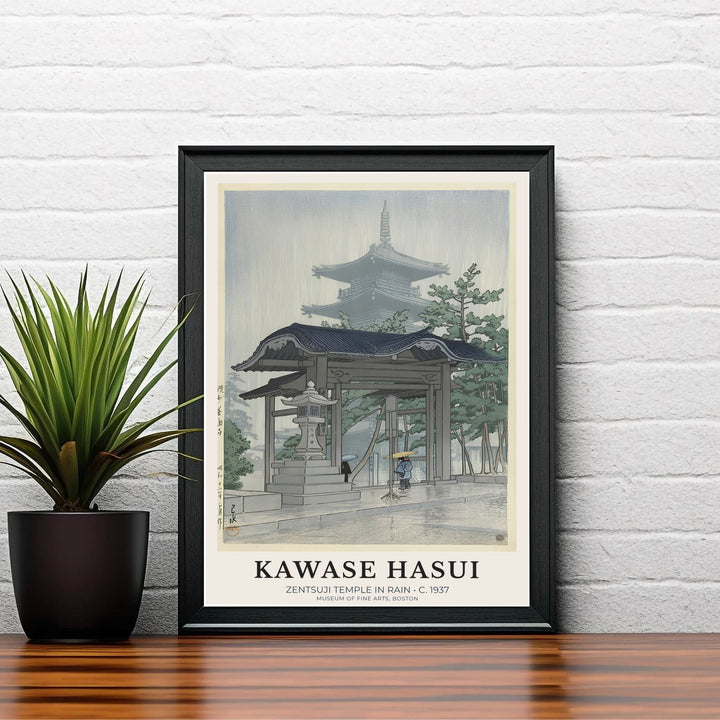 Scenic Kagawa rain travel wall art Zentsuji Temple by artist Kawase Hasui highlighting 1937 landscape art at Zentsuji Temple. MapYourDreams delivers archival framed, unframed paper, and gallery canvas prints.