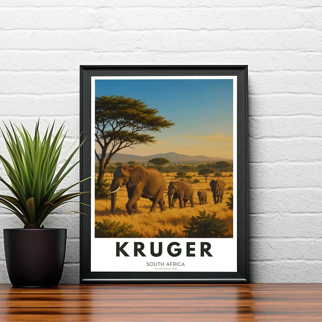 Majestic elephant safari art print set in the heart of South Africa with picturesque mountains in the background scenery. Offered by MapYourDreams, this artwork is available in flexible options including unframed paper, custom wooden frames, and gallery canvas wraps for modern wall art setups.