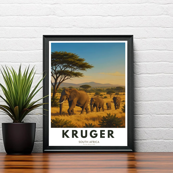 Majestic elephant safari art print set in the heart of South Africa with picturesque mountains in the background scenery. Offered by MapYourDreams, this artwork is available in flexible options including unframed paper, custom wooden frames, and gallery canvas wraps for modern wall art setups.