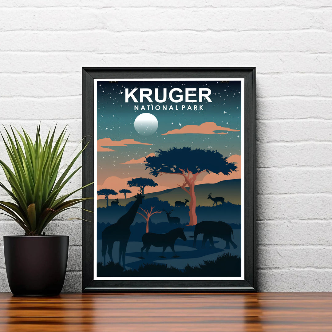 South African wilderness night print capturing a peaceful dusk-to-night transition scene with moonlit wildlife and acacia silhouettes. Offered by MapYourDreams, this artwork is available in flexible options including unframed paper, custom wooden frames, and gallery canvas wraps for tailored home wall decor setups.
