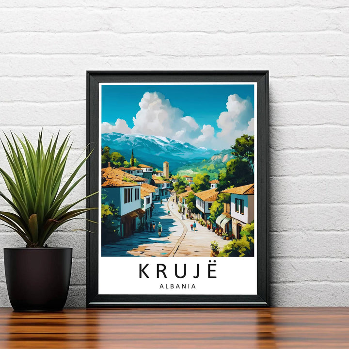 Warm golden sunlight bathes the cobblestone lane and terracotta tiles of Krujë Old Bazaar in this mid-century style travel illustration. Order this print as an unframed paper print, a sleek wood frame, or a gallery-wrapped canvas wrap.