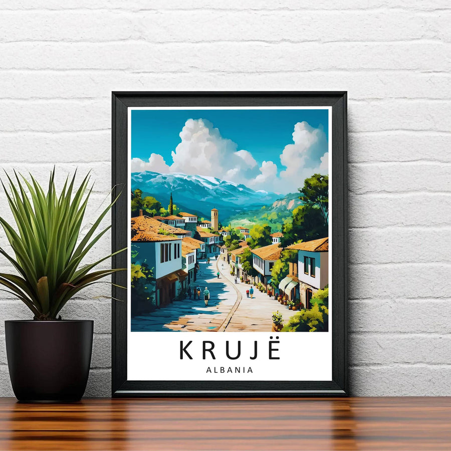Warm golden sunlight bathes the cobblestone lane and terracotta tiles of Krujë Old Bazaar in this mid-century style travel illustration. Order this print as an unframed paper print, a sleek wood frame, or a gallery-wrapped canvas wrap.