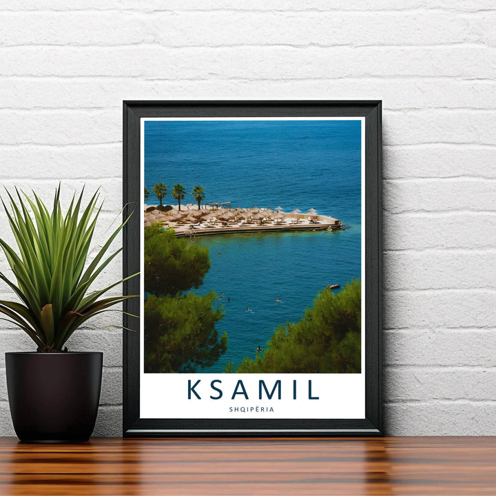 Warm summer sunlight washes over the sandy shore and resort pier of Ksamil in this impressionistic Mediterranean coastal photography piece. Order this print as an unframed paper print, a sleek wood frame, or a gallery-wrapped canvas wrap to match your interior color scheme.