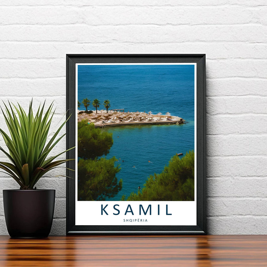 Warm summer sunlight washes over the sandy shore and resort pier of Ksamil in this impressionistic Mediterranean coastal photography piece. Order this print as an unframed paper print, a sleek wood frame, or a gallery-wrapped canvas wrap to match your interior color scheme.