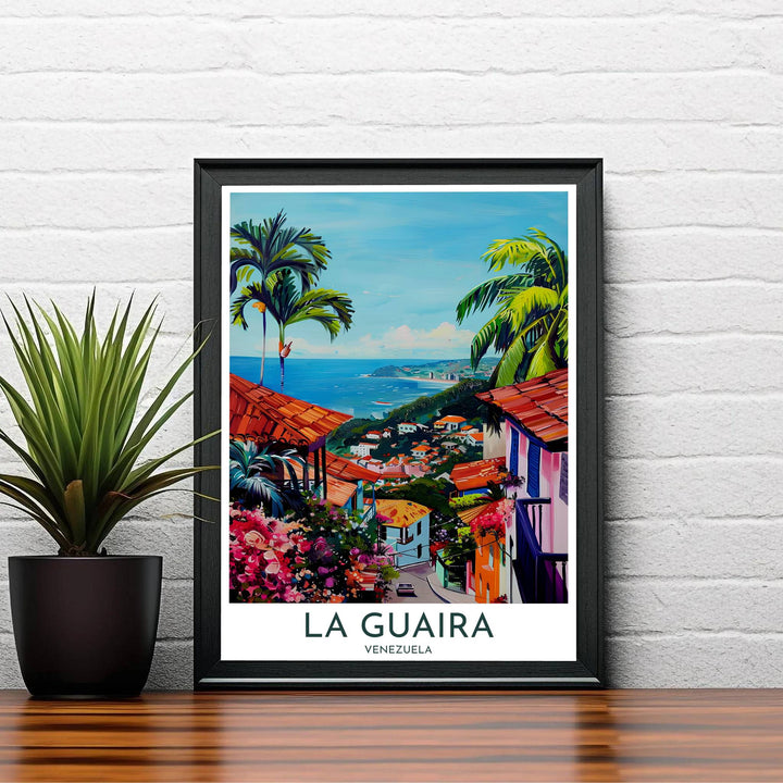 Colorful tropical travel art print capturing the bright sunshine, ocean breeze, and historic charm of La Guaira, Venezuela. Offered by MapYourDreams, customers can choose between standalone paper prints, ready-to-hang wooden frames, and gallery canvas wraps.
