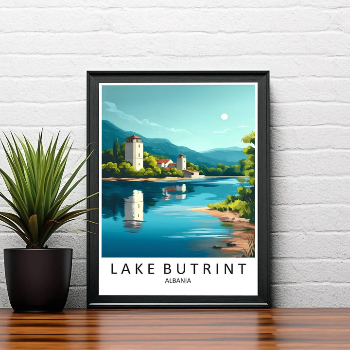 Warm morning sunlight bathes the reflective lake waters and historic Venetian architecture of Butrint in this mid-century style travel illustration. Order this print as an unframed paper print, a sleek wood frame, or a gallery-wrapped canvas wrap to match your interior color scheme.