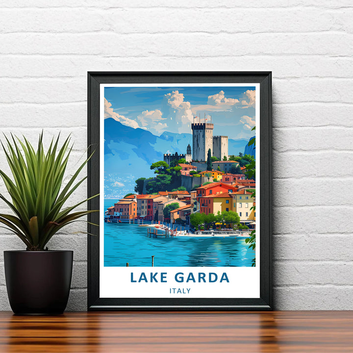 A peaceful Italian lake travel print highlighting the village of Malcesine on Lake Garda, complete with medieval towers, red roofs, and tranquil turquoise water reflections; select your preferred art finish from our unframed posters, stretched canvas, and professionally framed options.