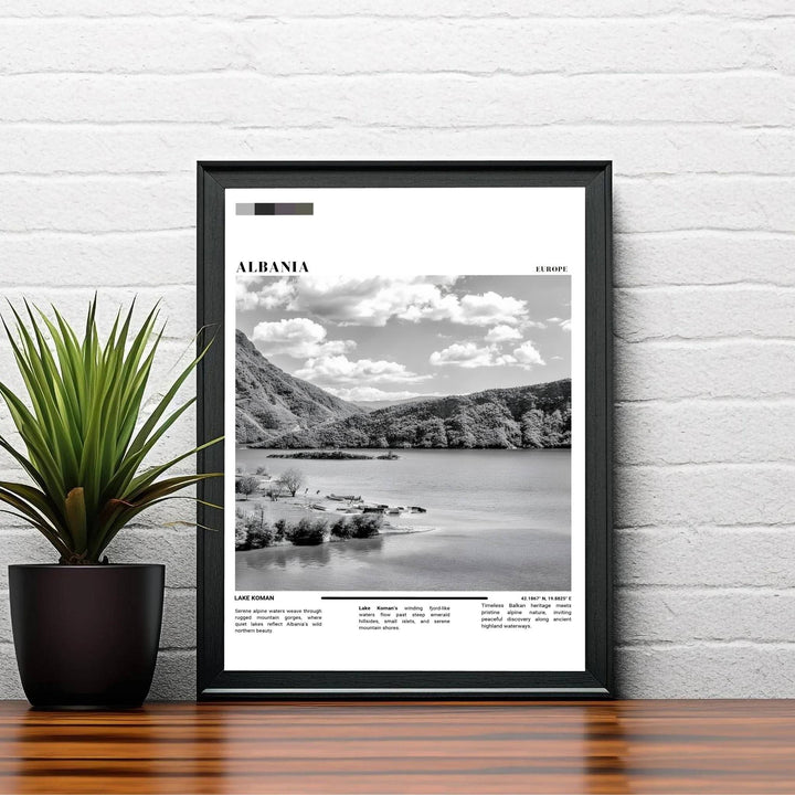 Dramatic grayscale contrast highlights the rocky shores, small islets, and winding waters of Lake Koman in this striking photographic wall art piece. Order this print as an unframed paper print, a sleek wood frame, or a gallery-wrapped canvas wrap to match your interior color scheme.