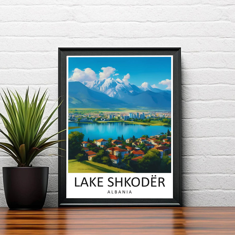 Warm morning sunlight bathes the reflective lake waters and distant mountain peaks of Shkodër in this mid-century style travel illustration. Order this print as an unframed paper print, a sleek wood frame, or a gallery-wrapped canvas wrap to match your interior color scheme.
