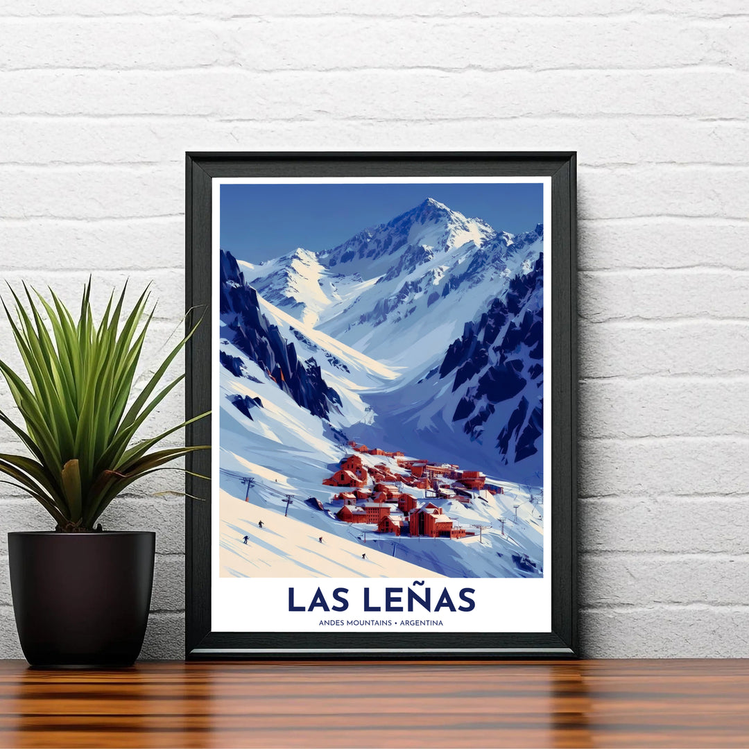 Dramatic Andes mountain travel print of Las Leñas designed for ski chalet living rooms and game room wall decor. A signature piece from MapYourDreams, this artwork comes ready for display as unframed paper, framed art, or stretched canvas.