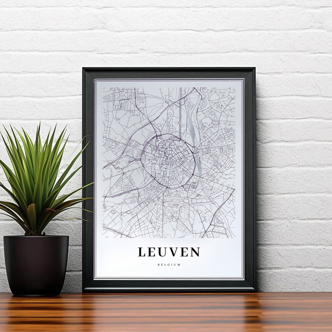 Graphic city map print featuring crisp black street lines and avenue channels in Leuven, Belgium. Choose your preferred finish from standalone unframed matte paper, custom decorative frames, or ready-to-hang gallery canvas options.