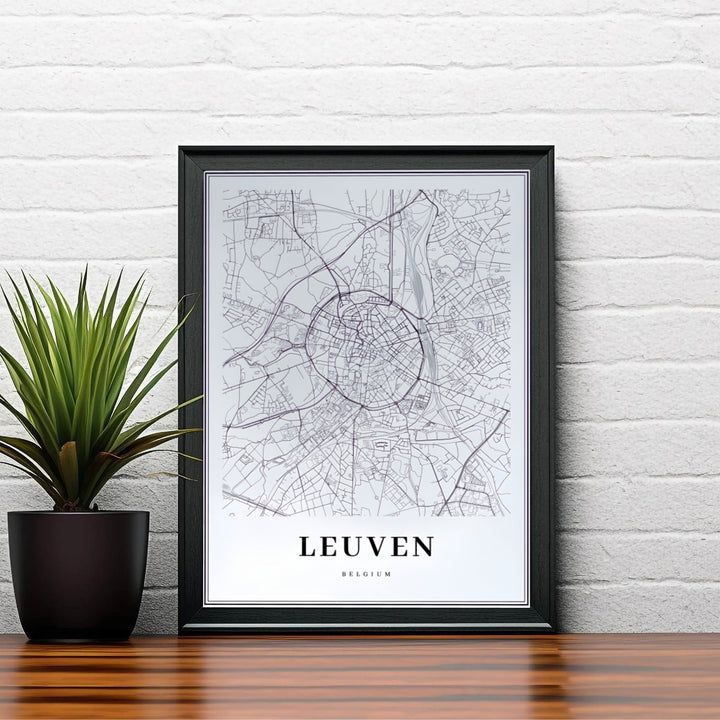Graphic city map print featuring crisp black street lines and avenue channels in Leuven, Belgium. Choose your preferred finish from standalone unframed matte paper, custom decorative frames, or ready-to-hang gallery canvas options.