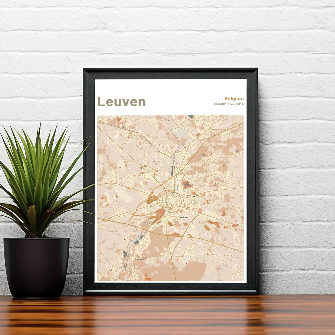 Graphic city map print featuring ochre street lines and terracotta land blocks in Leuven, Belgium. Choose your preferred finish from standalone unframed matte paper, custom decorative frames, or ready-to-hang gallery canvas options.