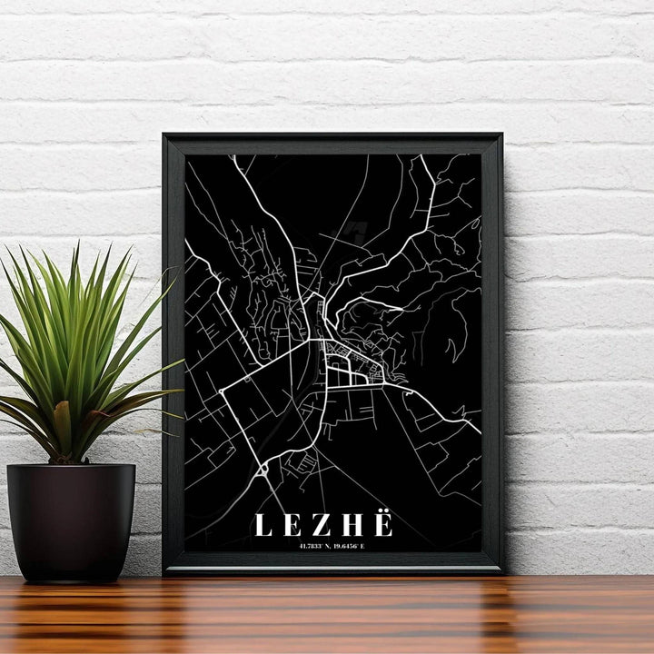 Clean white vector linework creates a striking cartographic layout of the Lezhë region in Albania on a deep black archival print surface. Order this artwork in your preferred style, such as an unframed paper print, a sleek wood frame, or a stretched canvas wrap.
