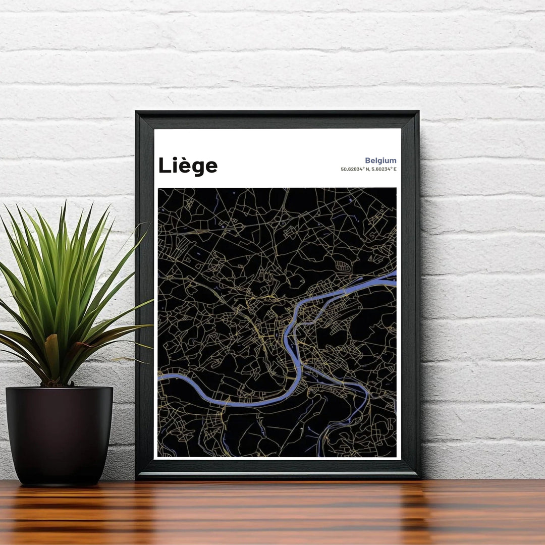 Graphic city map print featuring gold street lines and a vibrant blue river accent in Liège, Belgium. Choose your preferred finish from standalone unframed matte paper, custom decorative frames, or ready-to-hang gallery canvas options.