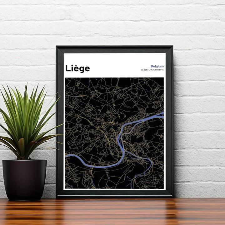 Graphic city map print featuring gold street lines and a vibrant blue river accent in Liège, Belgium. Choose your preferred finish from standalone unframed matte paper, custom decorative frames, or ready-to-hang gallery canvas options.