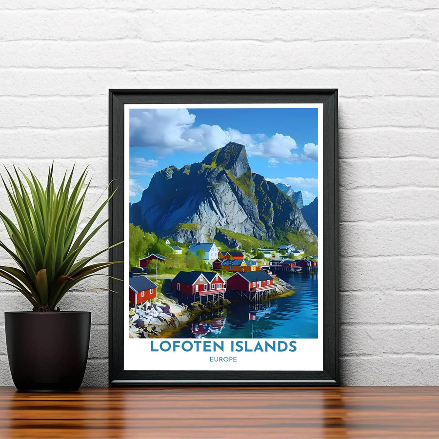 Elegant Norway travel poster showing Hamnoy island architecture framed by steep granite cliffs and calm deep blue fjord waters. Created by MapYourDreams, this artwork is available in flexible options including unframed paper, custom wooden frames, and gallery canvas wraps for bedroom wall art.
