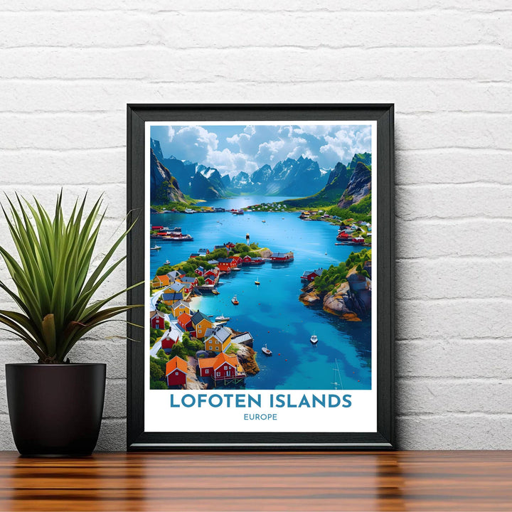 Elegant Norway travel poster showing Henningsvaer island architecture framed by steep mountain peaks and deep blue ocean waters. Created by MapYourDreams, this artwork is available in flexible options including unframed paper, custom wooden frames, and gallery canvas wraps for bedroom wall art.
