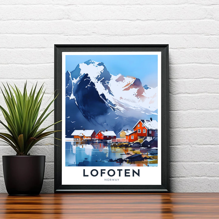 Elegant travel watercolor illustrating the snowy coastal bays and historic fishing villages of Lofoten in Norway with cool winter tones. Designed to bring European charm into home interiors, this fine print comes in versatile finishes including unframed paper prints, sleek framed wall art, and stretched canvas options.