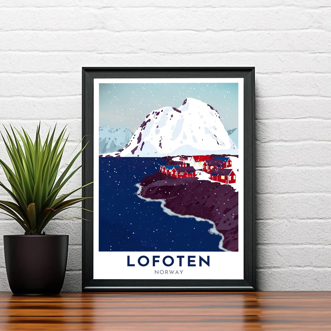 Dynamic travel poster illustrating a falling snow scene across the historic fishing village of Lofoten in Norway with rich winter tones. Designed to bring European style into home interiors, this fine print comes in versatile finishes including unframed paper prints, sleek framed wall art, and stretched canvas options.
