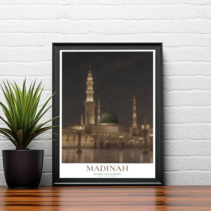 Elegant Saudi Arabia travel poster showing the Prophet Mosque Green Dome and towering minarets bathed in warm evening golden light. Created by MapYourDreams, this artwork is available in flexible options including unframed paper, custom wooden frames, and gallery canvas wraps for bedroom wall art.